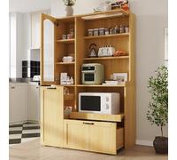 NADEUSAK Highboard 98 x 40 x 177 cm, naturale, con ripiani regolabili e cassetti, armadio da cucina con ripiani estraibili e vetro scanalato, ideale per sala da pranzo, soggiorno e cucina