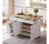 NADEUSAK Isola cucina bianca 90 x 140 cm con piano di lavoro pieghevole, armadio da cucina su 6 ruote bloccabili, ripiano porta 2 cassetti grandi