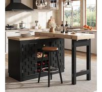 NADEUSAK Isola da cucina girevole a 360° e armadietto laterale, 120-197 cm, con ante patchwork, portabottiglie e cassetti rimovibili, 2 colori (rovere chiaro/nero)