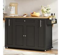 NADEUSAK Isola da cucina, mobile piano di lavoro pieghevole, 3 cassetti verticali, 2 ripiani per porta, ruote bloccabili, 120 × 45 (70) × 87 cm, nero e naturale