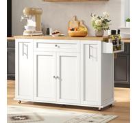 NADEUSAK Isola da cucina, mobile piano di lavoro pieghevole, 3 cassetti verticali, 2 ripiani per porta, ruote bloccabili, 120 × 45 (70) × 87 cm, bianco + naturale