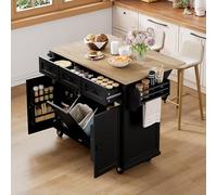 NADEUSAK Isola della cucina con ruote, colore nero, 112 × 46,2 - 76,2 × 92,7 cm, zona pranzo allungabile, isola della cucina con scomparto per rifiuti e cassetti, ideale per cucina e sala da pranzo