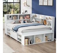 NADEUSAK Lettino per bambini bianco 140 x 190 cm, letto singolo, multifunzionale con cassetti, libreria e armadietto, ampio spazio di archiviazione, rete a doghe, senza materasso