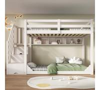 NADEUSAK Letto a castello 90 x 200 cm bianco con armadio per scale e vano portaoggetti, in legno salvaspazio per fratelli con ringhiere di sicurezza e ripiani (senza materasso)