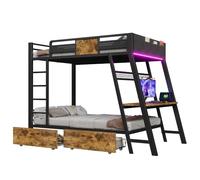 NADEUSAK Letto a castello in metallo nero, 90 x 200 cm, scrivania da gioco integrata, due cestini portaoggetti, letto da gioco per ragazzi, letto matrimoniale in ferro, senza materasso