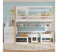 NADEUSAK Letto a castello per bambini, tavolo regolabile in altezza, bianco e naturale, 90 x 200 cm, con una piccola libreria sul bordo del letto, stabile scala portaoggetti, pino + MDF + compensato