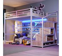 NADEUSAK Letto a soppalco, 140 x 200 cm, telaio in ferro bianco, armadio, scala per appendere oggetti, spazio aperto sotto il letto, senza materasso