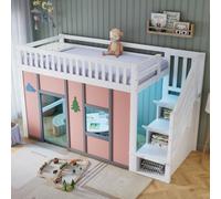 NADEUSAK Letto a soppalco 90 x 200 cm, bianco e rosa, con scala portaoggetti, area giochi, protezione anticaduta e motivi decorativi per la cameretta dei bambini, senza materasso