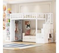 NADEUSAK Letto a soppalco multifunzione bianco, 90 x 200 cm, con ripiani, armadietto e grande armadio, scala di sicurezza con ripiani, senza materasso