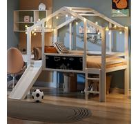 NADEUSAK Letto a soppalco multifunzione per bambini, 90 × 200 cm, bianco, design attico, scala di sicurezza + scivolo, lavagna graffiti, senza materasso