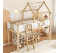 NADEUSAK Letto a soppalco per bambini con protezione anticaduta e griglia, design unico del tetto, scorrevole obliquo a tre livelli, telaio in pino + MDF + compensato, bianco + naturale, 90 x 200 cm
