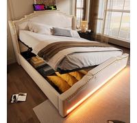 NADEUSAK Letto imbottito 140 x 200 cm, letto matrimoniale con spazio idraulico, letto per ragazzi con rete a doghe, velluto beige, con materasso