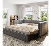 NADEUSAK Letto imbottito 3 in 1, divano letto estraibile 90 x 190 cm, con cassetti, trasformabile in letto singolo/matrimoniale, rete a doghe, cotone e lino, (materasso non incluso) (grigio)