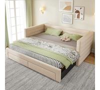 NADEUSAK Letto imbottito 90 x 190 cm, beige 3 in 1, divano letto estraibile multifunzionale, con cassetti, trasformabile in letto singolo/matrimoniale con rete a doghe, cotone e lino (senza materasso)