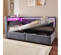 NADEUSAK Letto imbottito 90 x 200 cm, divano letto in velluto grigio scuro, testiera apribile per riporlo, sistema di archiviazione idraulico sotto il letto (senza materasso)