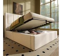 NADEUSAK Letto imbottito beige 90 x 200 cm, letto singolo con portabicchieri nascosto, letto idraulico con spazio sotto il letto, incl. rete a doghe, lino (senza materasso)