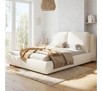 NADEUSAK Letto imbottito, matrimoniale, 160 x 200 cm, beige bouclé, letto funzionale idraulico con rete a doghe, testiera imbottita e grande capienza, senza materasso