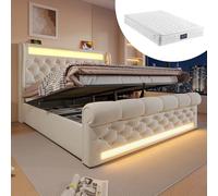 NADEUSAK Letto imbottito moderno, letto singolo, 160 x 200 cm, letto imbottito con luci a LED, testiera, porte USB e di tipo C, letto idraulico in velluto (con materasso) (beige1)