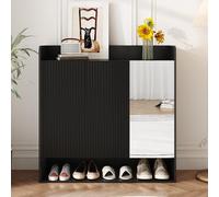NADEUSAK Scarpiera nera 110 x 35,5 x 110 cm, con struttura nera a righe verticali, scarpiera per ingresso con specchio completo, scarpiera a più piani