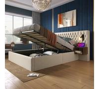 NADEUSAK Set completo per camera da letto, letto imbottito, letto matrimoniale, 180 x 200 cm, con 2 comodini, beige, velluto (senza materasso)