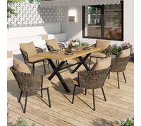 NADEUSAK Set da pranzo moderno per esterni, in rattan, per il tempo libero e la riunione per più persone, struttura in ferro intrecciato, con cuscino da seduta, kaki + natura