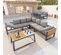NADEUSAK Set di divani modulari per esterni con schienale regolabile, braccioli pieghevoli e contenitori per ghiaccio in metallo, cuscino per terrazza, balcone, piscina, grigio