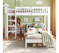 NADEUSAK Set letto per bambini in legno massiccio modulare 90 x 200 cm, bianco, letto a soppalco + letto singolo combinabile, diverse varianti di montaggio, protezione anticaduta, bordi arrotondati