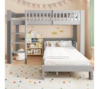 NADEUSAK Set letto per bambini in legno massiccio modulare 90 x 200 cm, grigio, letto a soppalco + letto singolo combinabile, diverse varianti di montaggio, protezione anticaduta, bordi arrotondati