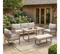 NADEUSAK Set lounge da giardino con comodo cuscino, beige, divano a 3 posti, 2 poltrone, una panchina e un tavolo da pranzo, piano in WPC, corda intrecciata in polietilene, struttura in ferro zincato