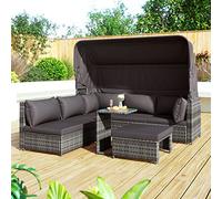 NADEUSAK Set sala da giardino grigio rattan isola, divano con tettuccio parasole, sgabello, poltrone e tavolo, mobili lounge balcone e giardino, mobili da terrazza, resistente alle intemperie