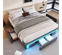 NADEUSAK Telaio da letto, con cassetti, in pelle PU, senza testiera, con barra luminosa, letto a doghe in metallo, per camera da letto moderna (grigio, 160 x 200 cm)