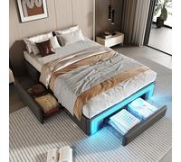 NADEUSAK Telaio da letto, con cassetti, in pelle PU, senza testiera, con barra luminosa, letto a doghe in metallo, per camera da letto moderna (grigio, 90 x 200 cm)