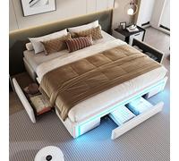 NADEUSAK Telaio da letto con cassetti, in pelle PU, senza testiera, con barra luminosa, letto a doghe in metallo, per camera da letto moderna (beige, 180 x 200 cm)