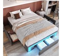 NADEUSAK Telaio da letto, con cassetti, in pelle PU, senza testiera, con barra luminosa, letto a doghe in metallo, per camera da letto moderna (grigio, 140 x 200 cm)