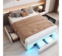 NADEUSAK Telaio da letto con cassetti, in pelle PU, senza testiera, con barra luminosa, letto a doghe in metallo, per camera da letto moderna (beige, 140 x 200 cm)