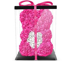NADIR Orso di rose con fiori artificiali e scatola regalo, regalo di compleanno per donne, regalo per la fidanzata per anniversario, orso di rose, orsacchiotto, regalo per il matrimonio (Rosa, 25 cm)