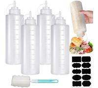 Nadisean 4 Pezzi Biberon Cucina Professionale 1000ml, Squeeze Bottle 32oz, Trasparente Biberon da Cucina, Ottiglia Squeeze di Plastica con 1 Pennello di Pulizia e 10 Adesivi per Ketchup Olio D'Oliva