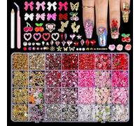 Nagel Charms Set con 28 Elementi, Strass, Fiori e Farfalle, Pietre per Unghie Rosse e in Oro Rosa, Perle e Rivetti di Metallo, Accessori Manicure Fai-da-te con Penna in Cera e Pinzetta