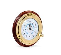 Nagina International Orologio nautico con oblò in ottone e base in legno, decorazione per la casa Captain Maritime Beach (25,4 cm)