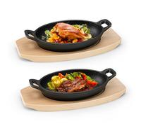 Nagoyuki Set di 2 padelle in ghisa con 2 manici, piatto medio per gratinare con supporto in legno, padella in ghisa per cucina, cottura, friggere, 18 cm x 12 cm