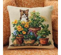 NAHUIGOOD Punto Croce Cuscino Kit Gatto Su Un Vaso Di Fiori 45X45Cm Set Di Cuscini Prestampatiper Ricamo A Punto Croce,