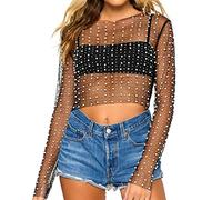 Naileksi - Top Corto da Donna in Rete Trasparente con Perline, Blusa Sexy a Manica Lunga, Slim Fit, Abbigliamento da Discoteca, Nero, S