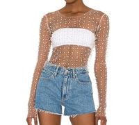 Naileksi Top Corto da Donna in Rete Trasparente con Strass Perla Sexy Trasparente Manica Lunga Slim Fit Camicetta Corta Camicia Clubwear, Nude, Small