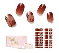 NAILOG - Strisce adesive per unghie in gel semi-catalizzato, 34 pezzi, con luce UV, extra lunghe, con finitura in gel lucido, marrone rossastro, fiori selvatici