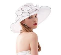 Naimo Cappello da donna in organza, in rete, a tesa larga, con fiori, in stile kentucky, derby, bianco, Taglia unica