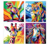 NAIMOER 4 Pezzi Dipingere con i Numeri Adulti e Bambini con Cornice, Animali Paint by Numbers Kit Dipingere con i Numeri Pigmento Acrilico 20x20cm(Dinosauri, Cavalli, Giraffe, Tigri)