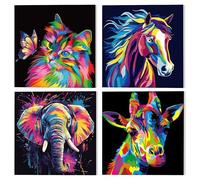 NAIMOER 4 Pezzi Dipingere con i Numeri Adulti e Bambini con Cornice, Animali Paint by Numbers Kit Dipingere con i Numeri Pigmento Acrilico 20x20cm(Gatti, Cavalli, Elefanti, Giraffe)