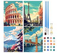 NAIMOER 4 Pezzi Dipingere con i Numeri Adulti e Bambini, Paesaggio Urban Paint by Numbers Kit Dipingere con i Numeri con Pennelli Pigmento Acrilico Disegno Pittura Paesaggio Famoso 30x40cm