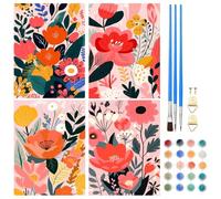 NAIMOER 4 Pezzi Fiori Dipingere con i Numeri Adulti e Bambini, Paesaggio Cromatico Paint by Numbers Kit con Pennelli Pigmento Acrilico Disegno Pittura 20x30cm