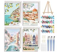 NAIMOER 4 Pezzi Viaggi Città Dipingere con i Numeri Adulti Bambini con Cornice Detentore, Paesaggio Paint by Numbers Kit Pigmento Acrilico Decorazione Regalo 20x30cm